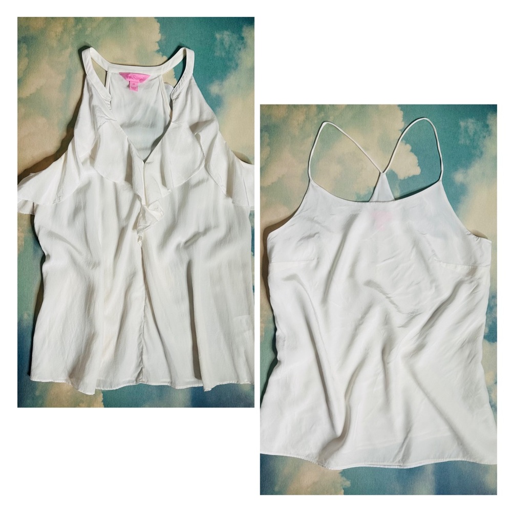 Lilly Pulitzer White Cream 100%Silk Sleeveless Ruffle & Racerback Tops Wmns XS